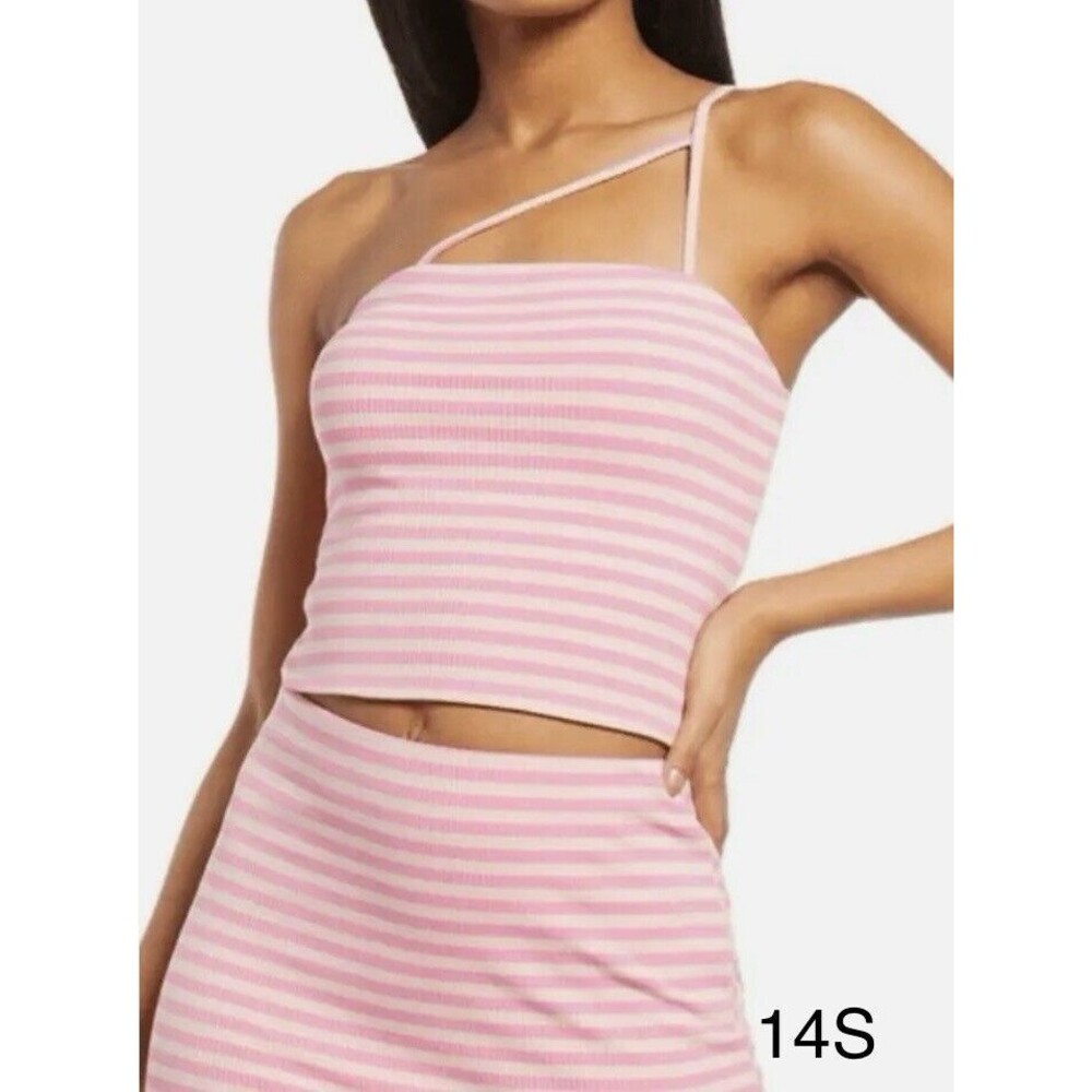 AFRM Women's One‎ Shoulder Spaghetti Stripe Rib Saddle Top Pink/White Size M NWT